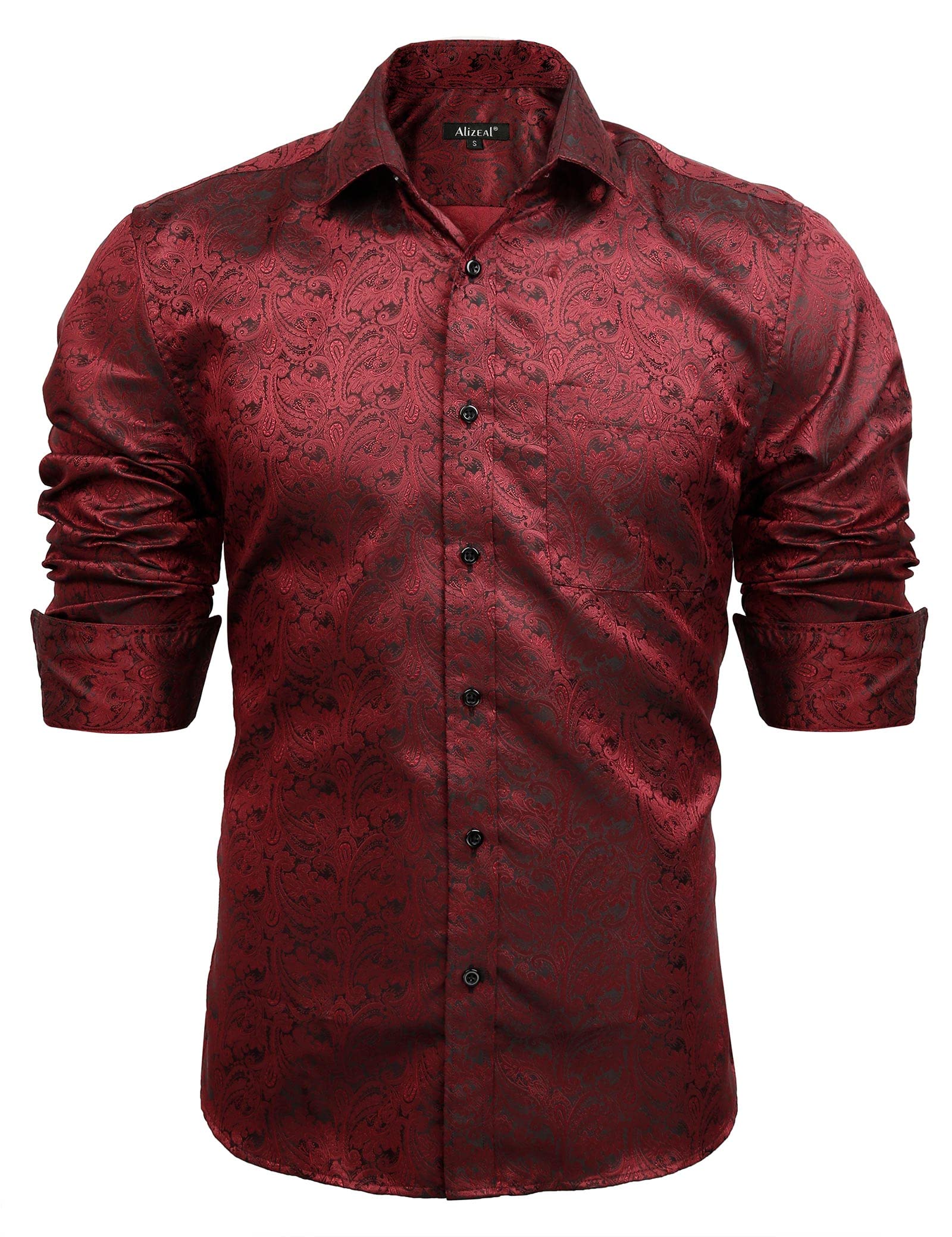 Men's Paisley Jacquard Dress Shirt Classic Slim Fit Button-Down Long Sleeve  Shirt, 113-Wine Red