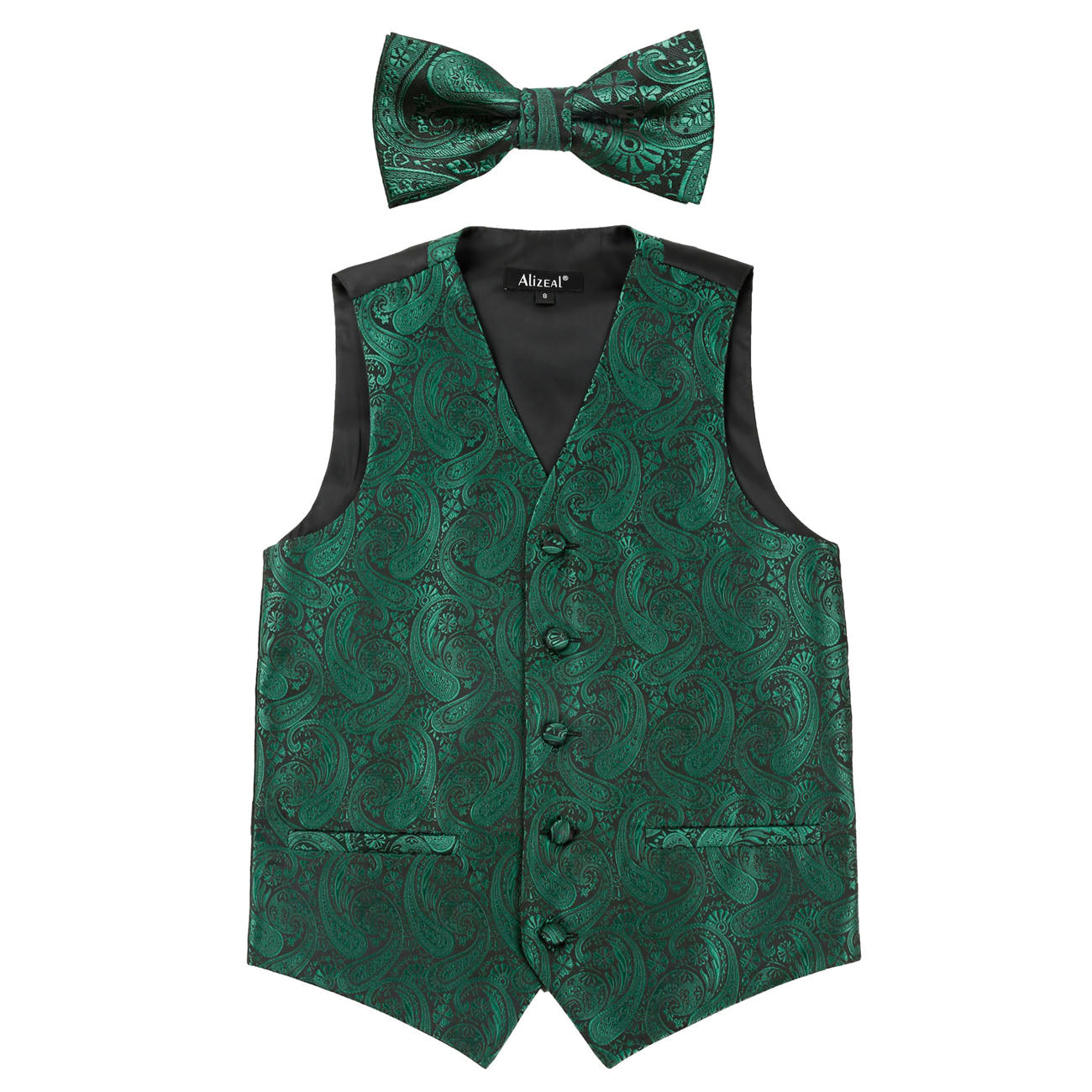 Boy's Paisley Jacquard Pre-Tied Bow Tie with Classic Floral Dress Suit Vest Set, 077-Dark Green