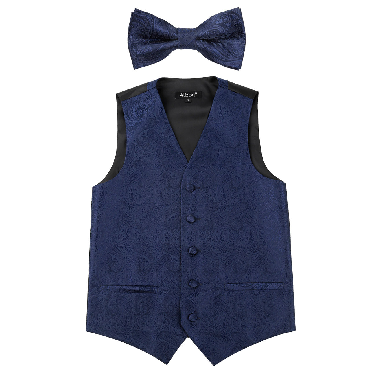 Boy's Paisley Jacquard Pre-Tied Bow Tie with Classic Floral Dress Suit Vest Set, 077-Dark Navy