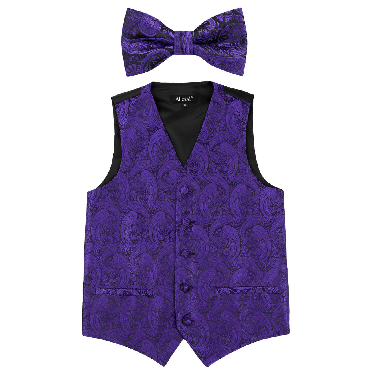 Boy's Paisley Jacquard Pre-Tied Bow Tie with Classic Floral Dress Suit Vest Set, 077-Dark Purple