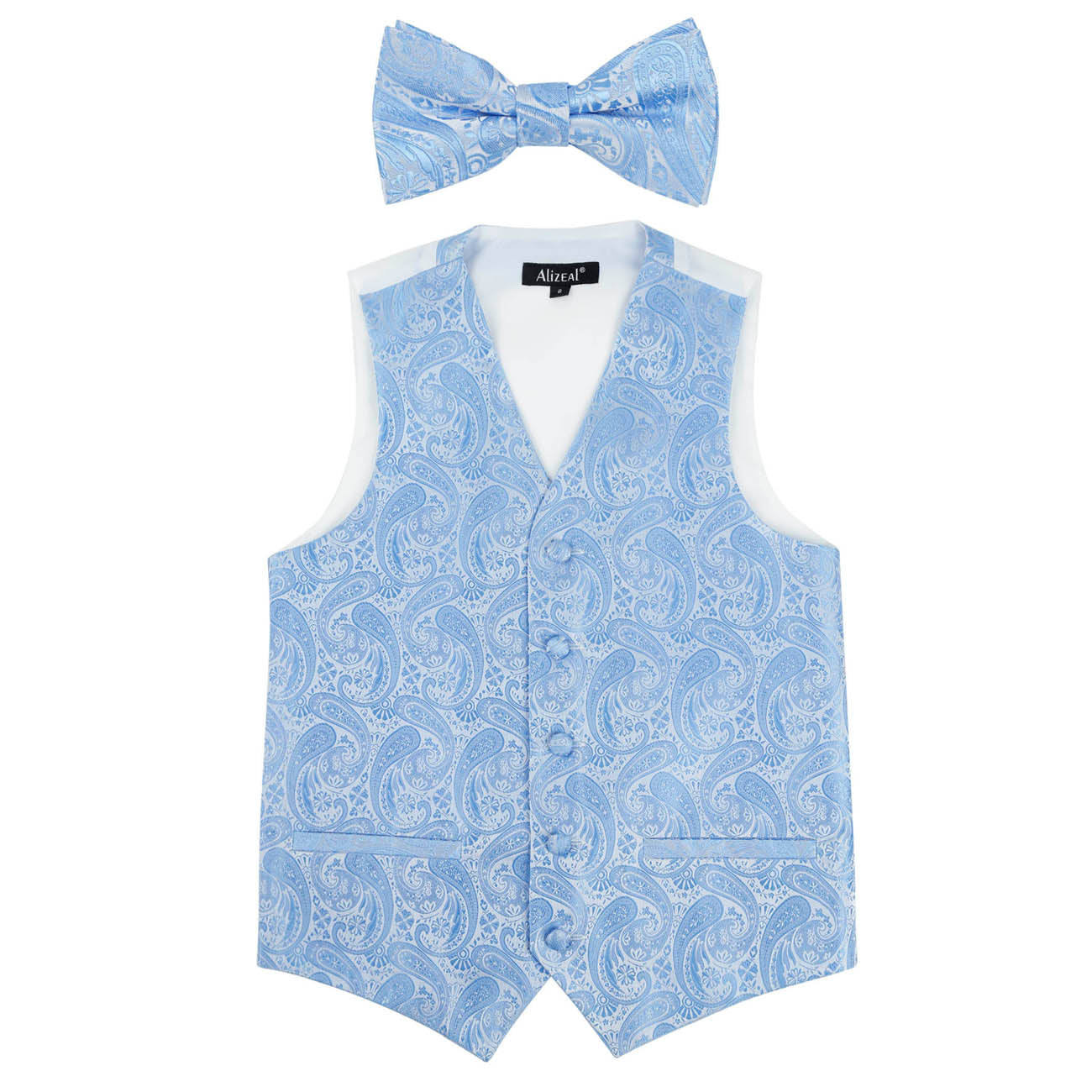 Boy's Paisley Jacquard Pre-Tied Bow Tie with Classic Floral Dress Suit Vest Set, 077-Light Blue