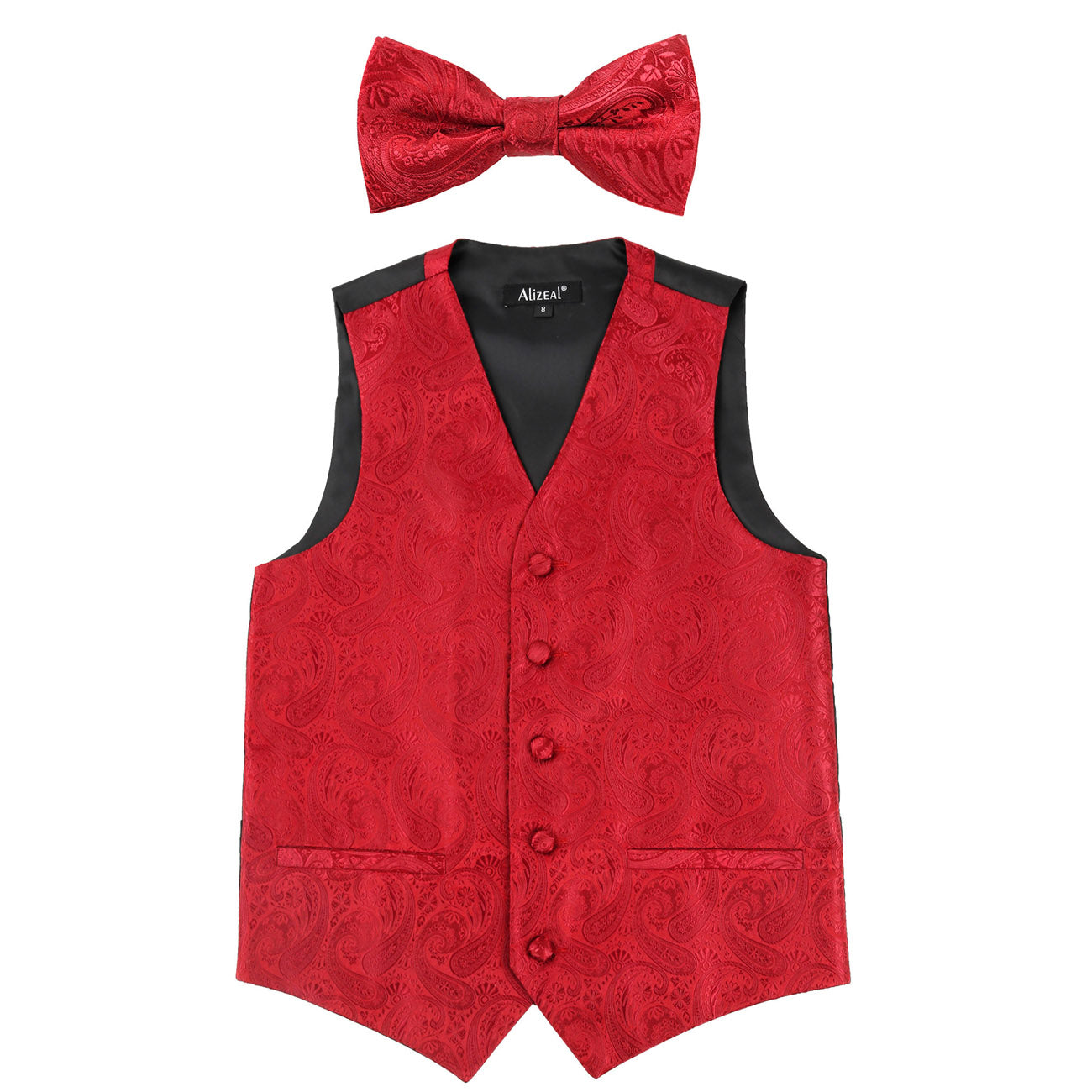 Boy's Paisley Jacquard Pre-Tied Bow Tie with Classic Floral Dress Suit Vest Set, 077-Red