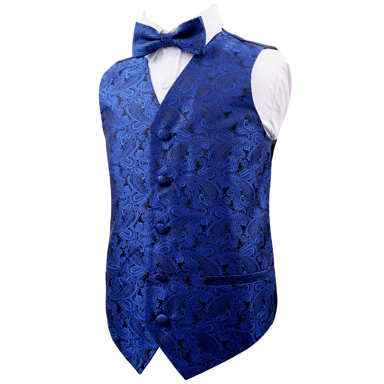 Boy's Paisley Jacquard Wedding Pre-Tied Bow Tie and Tuxedo Waistcoat Set, 079-Royal Blue