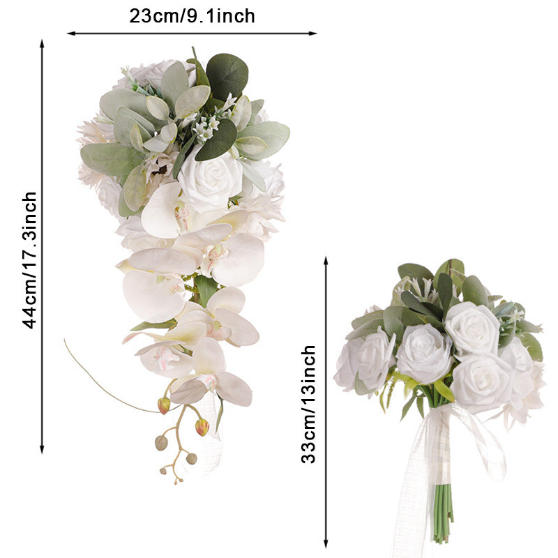 Waterfall Cascading Artificial Flower White Rose Phalaenopsis Bride Bouquet