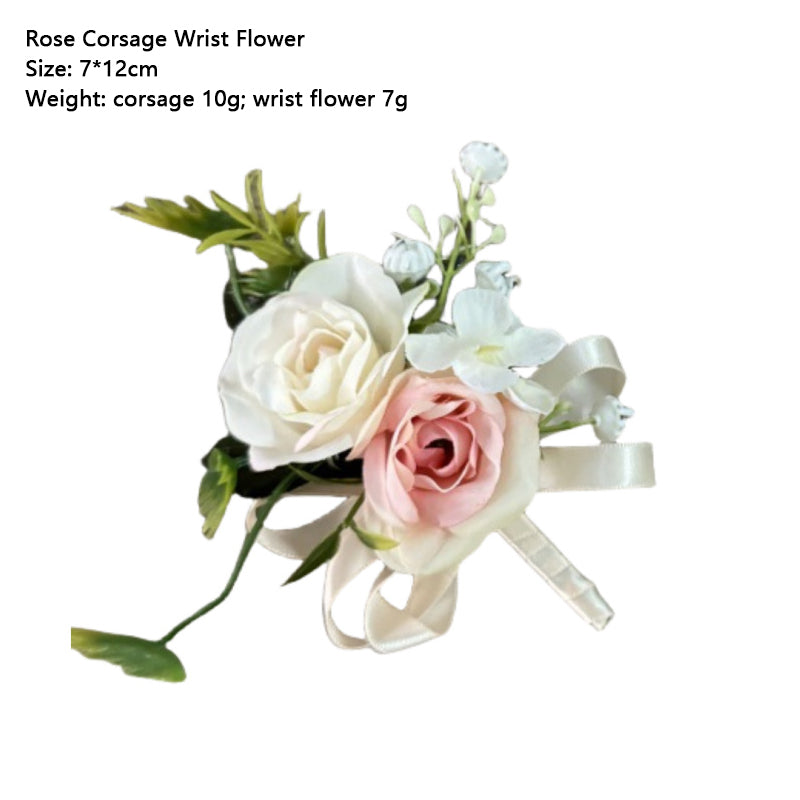 Rose Flowers Wrist Corsage and Boutonniere Artificial Band Bracelet Set