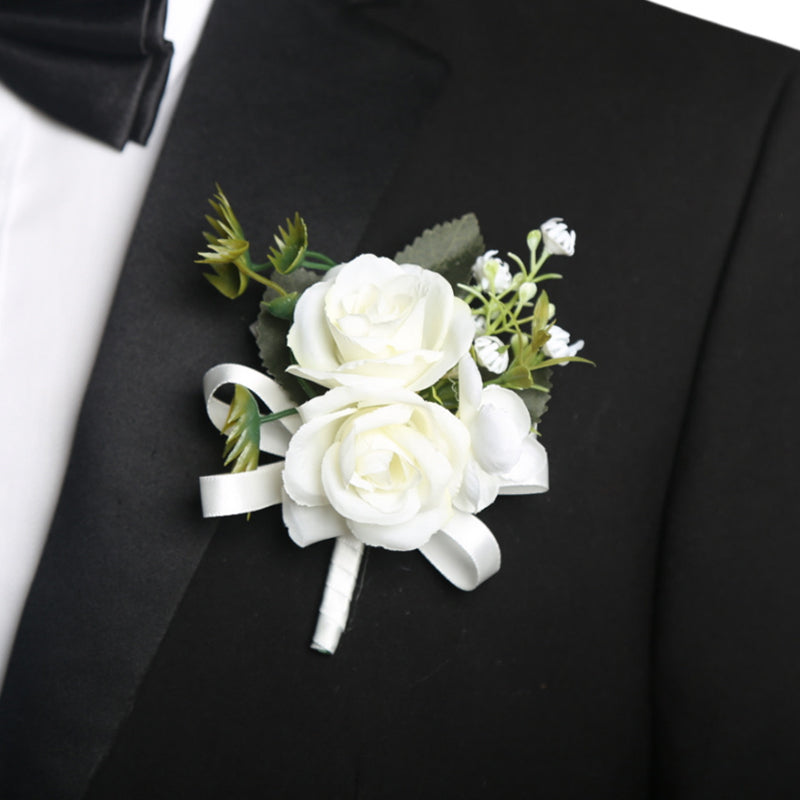 Rose Flowers Wrist Corsage and Boutonniere Artificial Band Bracelet Set