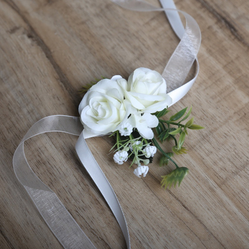 Rose Flowers Wrist Corsage and Boutonniere Artificial Band Bracelet Set