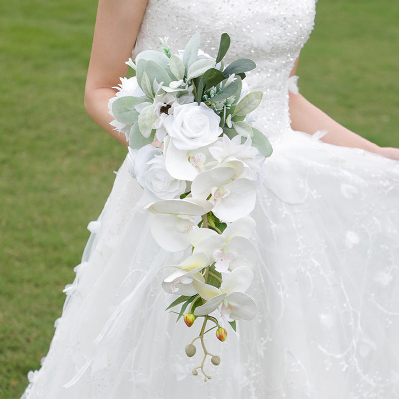 Waterfall Cascading Artificial Flower White Rose Phalaenopsis Bride Bouquet