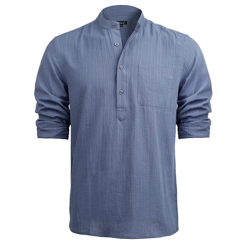 Men's Henley Shirt Long Sleeve Cotton Viscose Solid Button-Down Casual Beach Shirt with Pocket-102