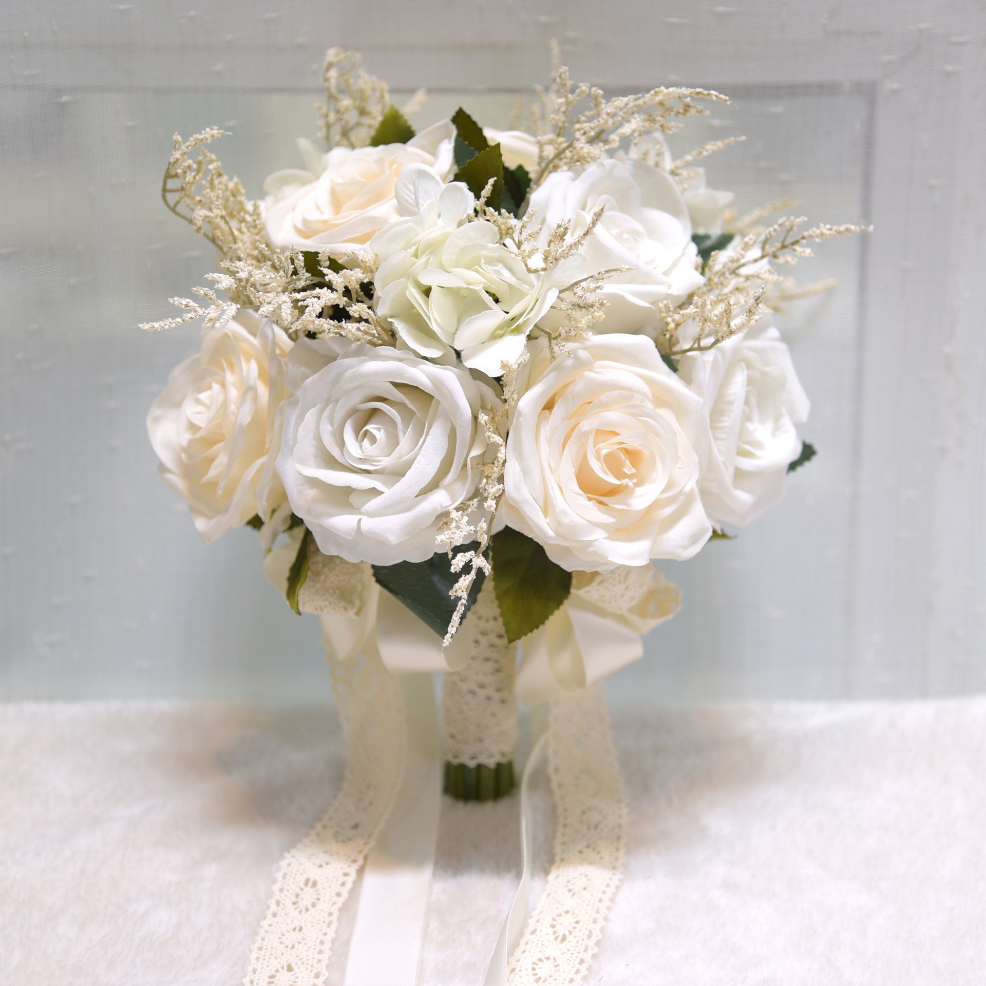 White Artificial Roses Ribbon for Wedding Church Decoration Bouquets