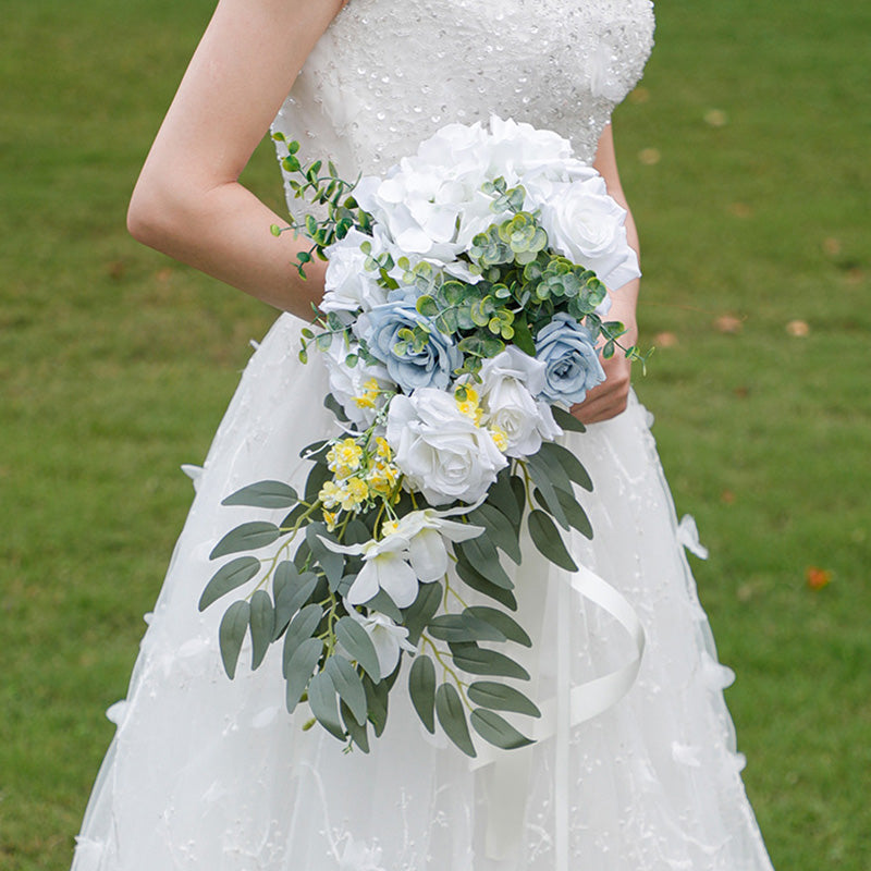 Waterfall Romantic Blue White Rose Flowers Wedding Bouquet