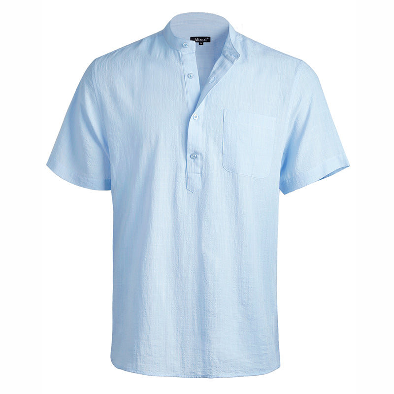 Men's Casual Cotton Viscose Henley Shirt Short Sleeve Solid Button-Down Beach Tops with Pocket-101