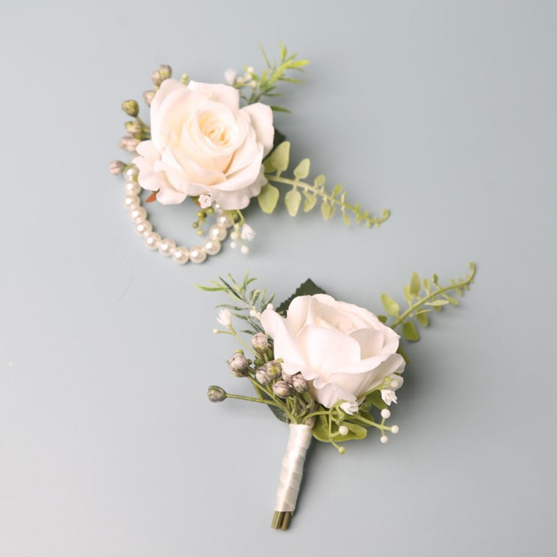 Simple Forest Artificial Rose Wrist Corsage Boutonniere Set