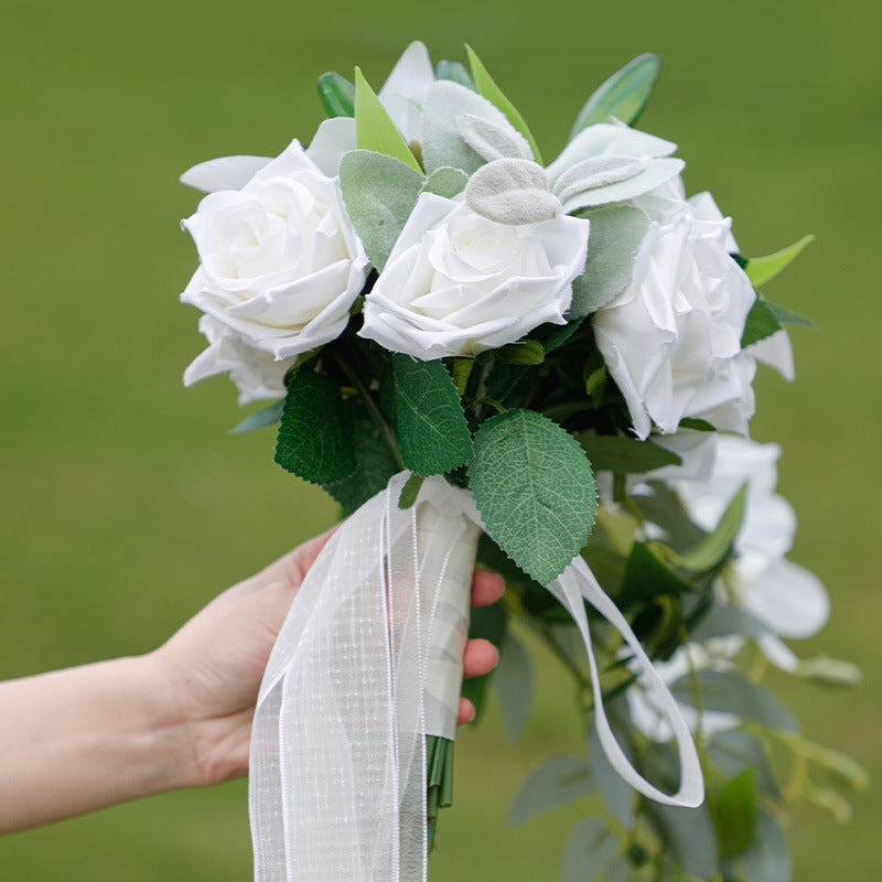 Waterfall Cascading Artificial Flower White Rose Phalaenopsis Bride Bouquet