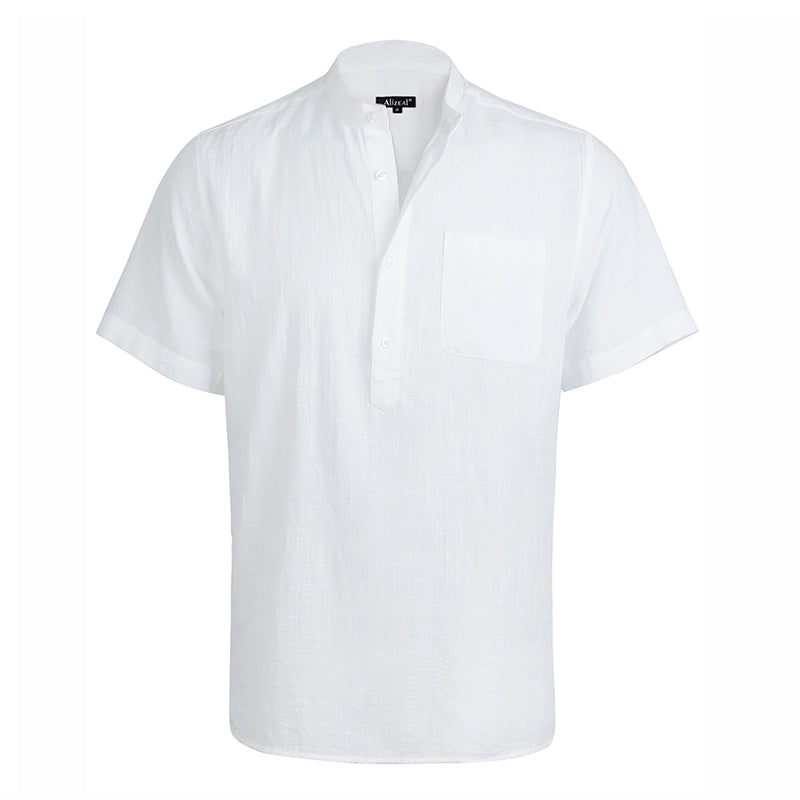 Men's Casual Cotton Viscose Henley Shirt Short Sleeve Solid Button-Down Beach Tops with Pocket-101