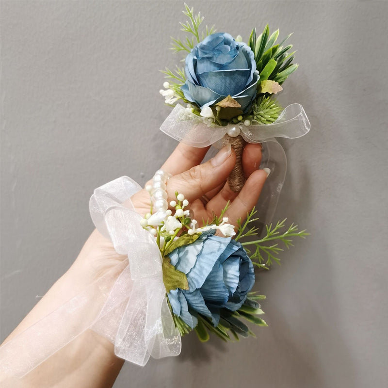 Blue  Artificial Roses Set of Wrist Crosage and Boutonniere