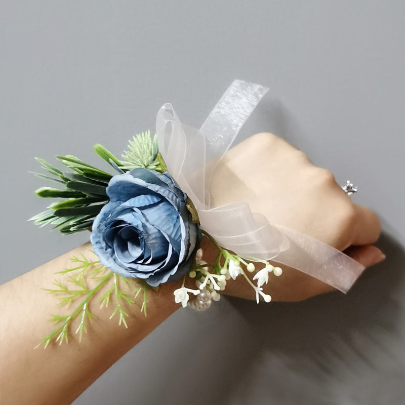 Blue  Artificial Roses Set of Wrist Crosage and Boutonniere