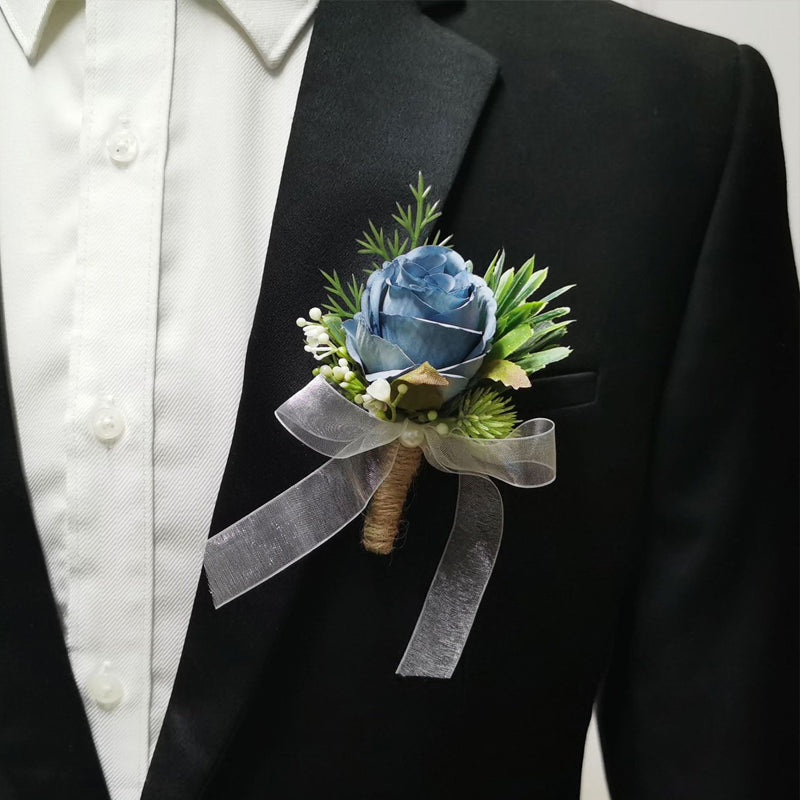 Blue  Artificial Roses Set of Wrist Crosage and Boutonniere