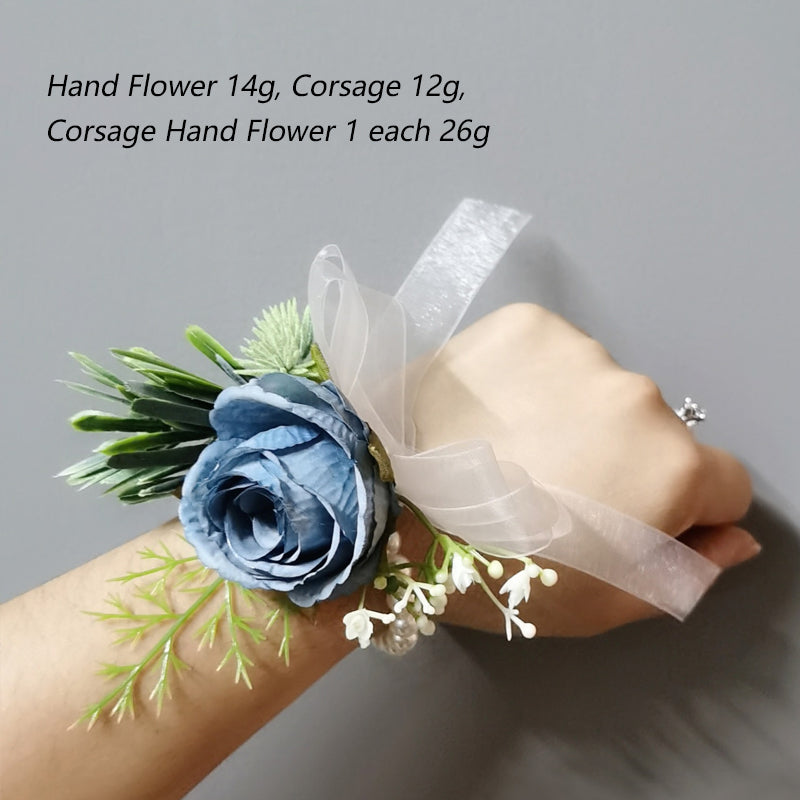 Blue  Artificial Roses Set of Wrist Crosage and Boutonniere