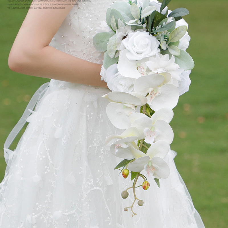 Waterfall Cascading Artificial Flower White Rose Phalaenopsis Bride Bouquet