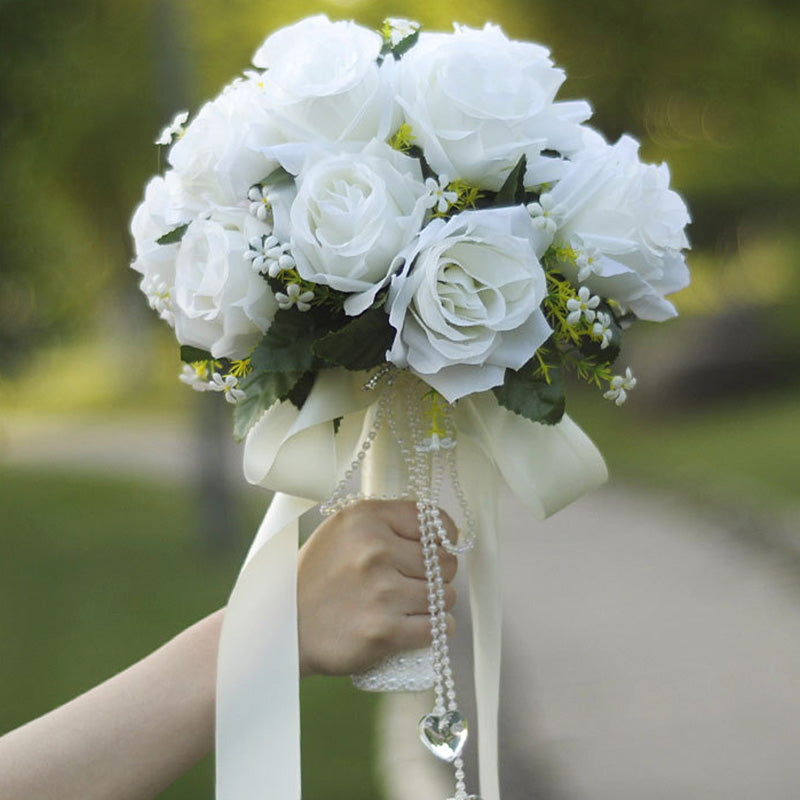 White Rose Rhinestone Wedding Bride Hand Bouquets