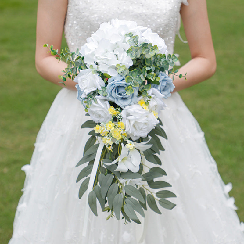 Waterfall Romantic Blue White Rose Flowers Wedding Bouquet