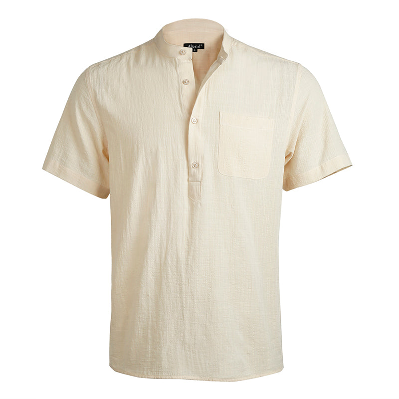 Men's Casual Cotton Viscose Henley Shirt Short Sleeve Solid Button-Down Beach Tops with Pocket-101