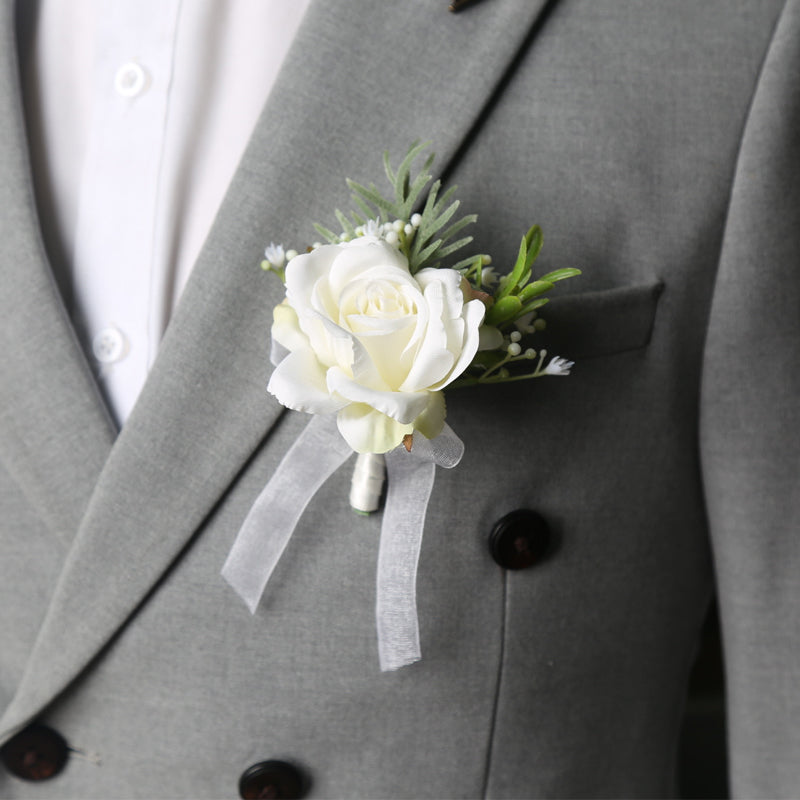 Ivory Rose Wrist Corsage Men Boutonniere Wedding Accessories Set