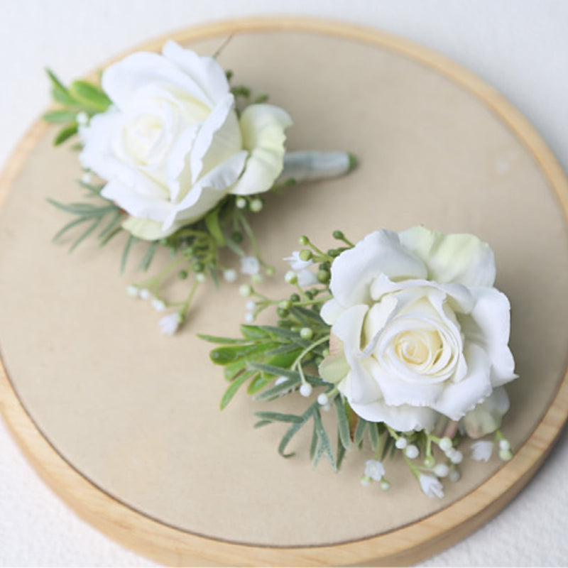 Ivory Rose Wrist Corsage Men Boutonniere Wedding Accessories Set