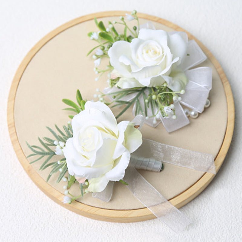 Ivory Rose Wrist Corsage Men Boutonniere Wedding Accessories Set