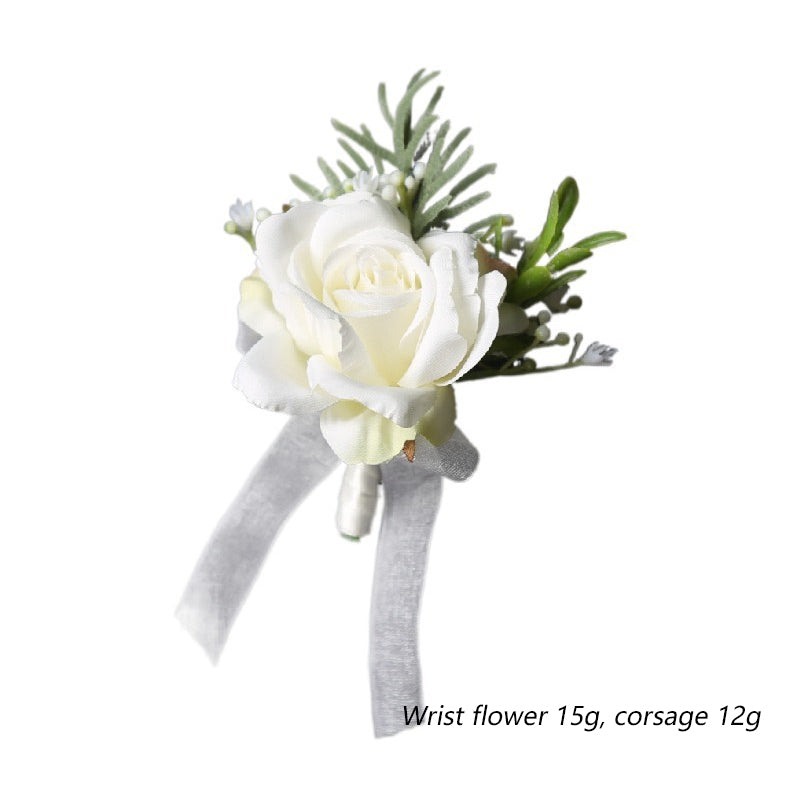 Ivory Rose Wrist Corsage Men Boutonniere Wedding Accessories Set