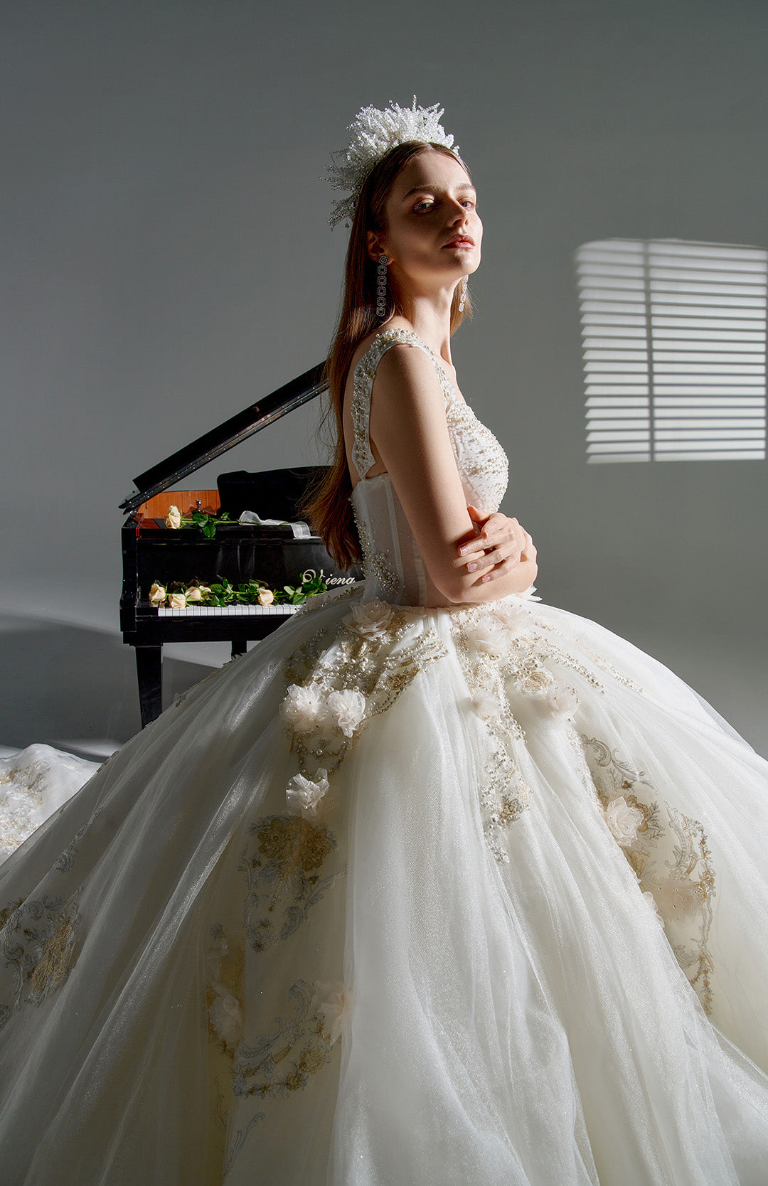 Rose & Pearl -  Floor Length Handmade Lace Court Wedding Dresses