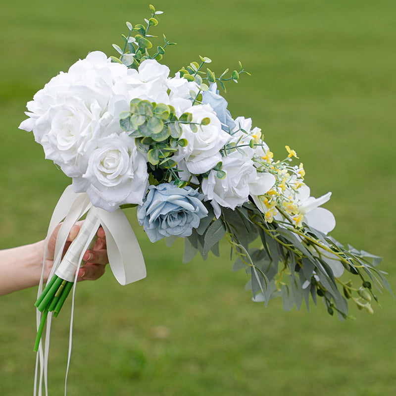 Waterfall Romantic Blue White Rose Flowers Wedding Bouquet