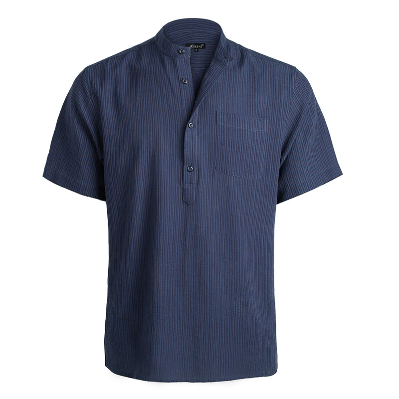 Men's Casual Cotton Viscose Henley Shirt Short Sleeve Solid Button-Down Beach Tops with Pocket-101