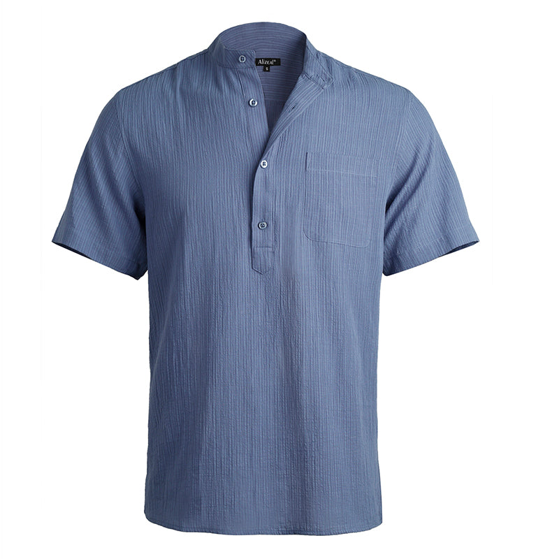 Men's Casual Cotton Viscose Henley Shirt Short Sleeve Solid Button-Down Beach Tops with Pocket-101