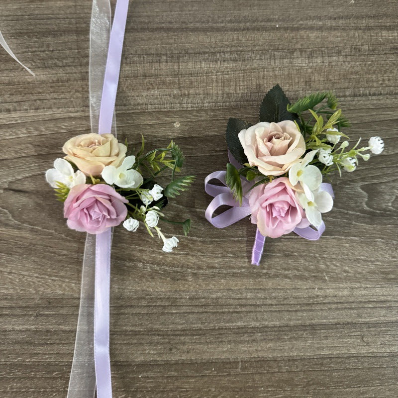 Rose Flowers Wrist Corsage and Boutonniere Artificial Band Bracelet Set