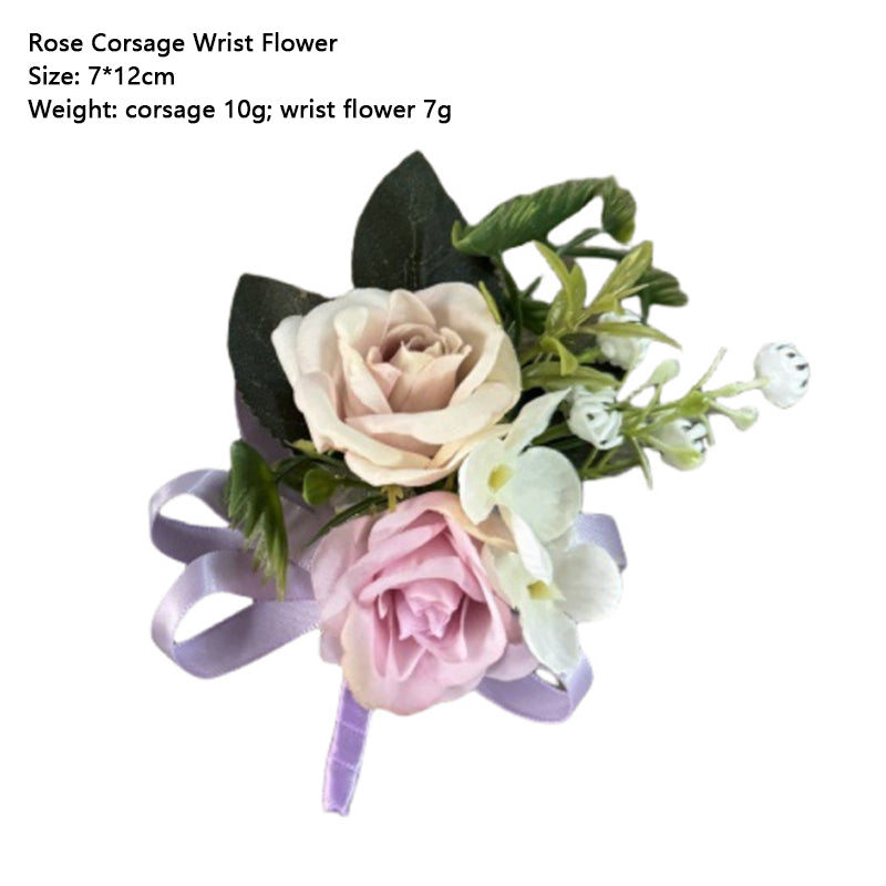 Rose Flowers Wrist Corsage and Boutonniere Artificial Band Bracelet Set