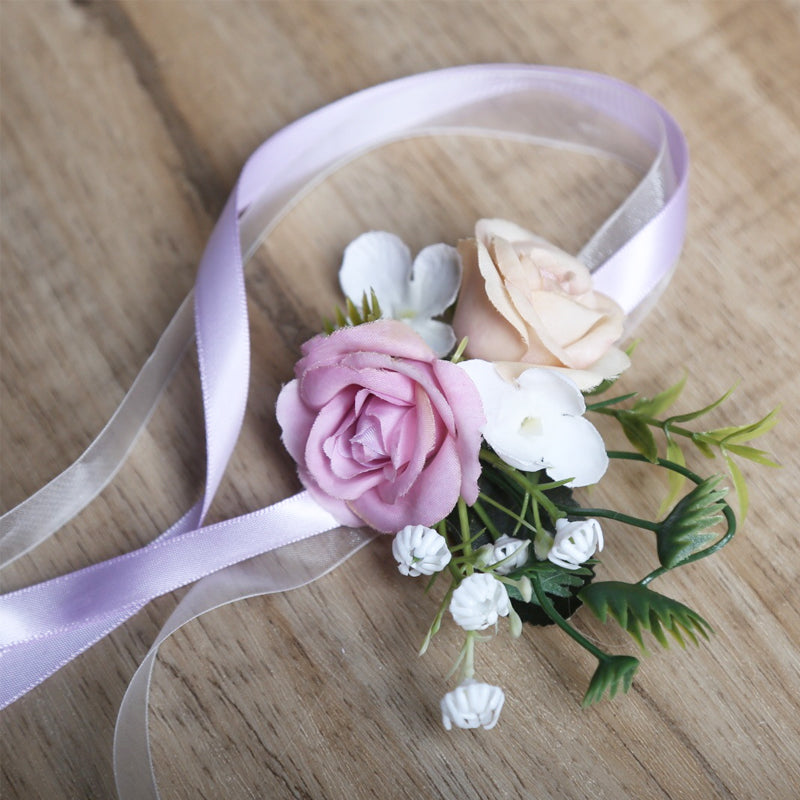 Rose Flowers Wrist Corsage and Boutonniere Artificial Band Bracelet Set