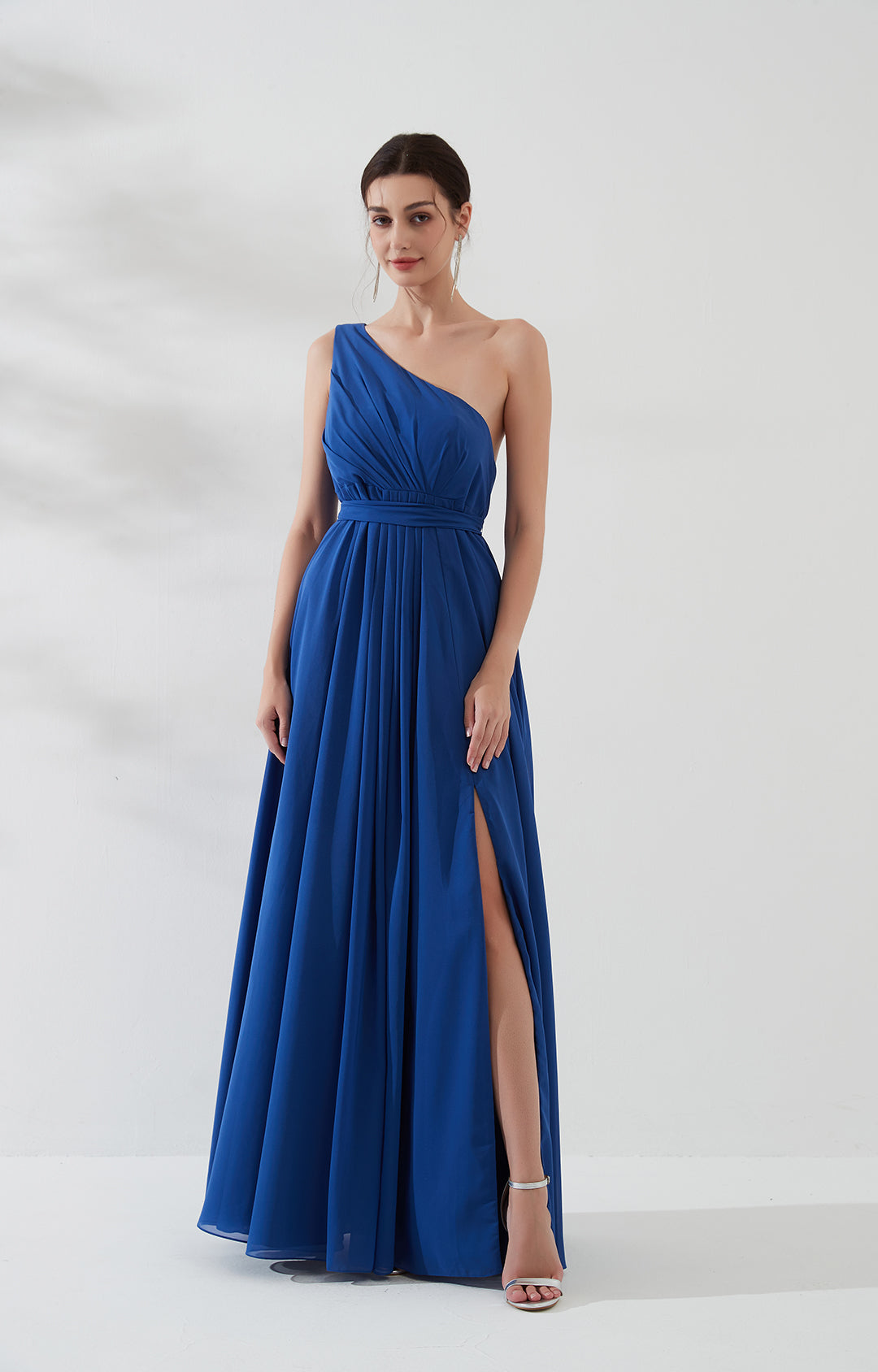 One Shoulder Pleated Side Split Zipper Dress with Tie Waist