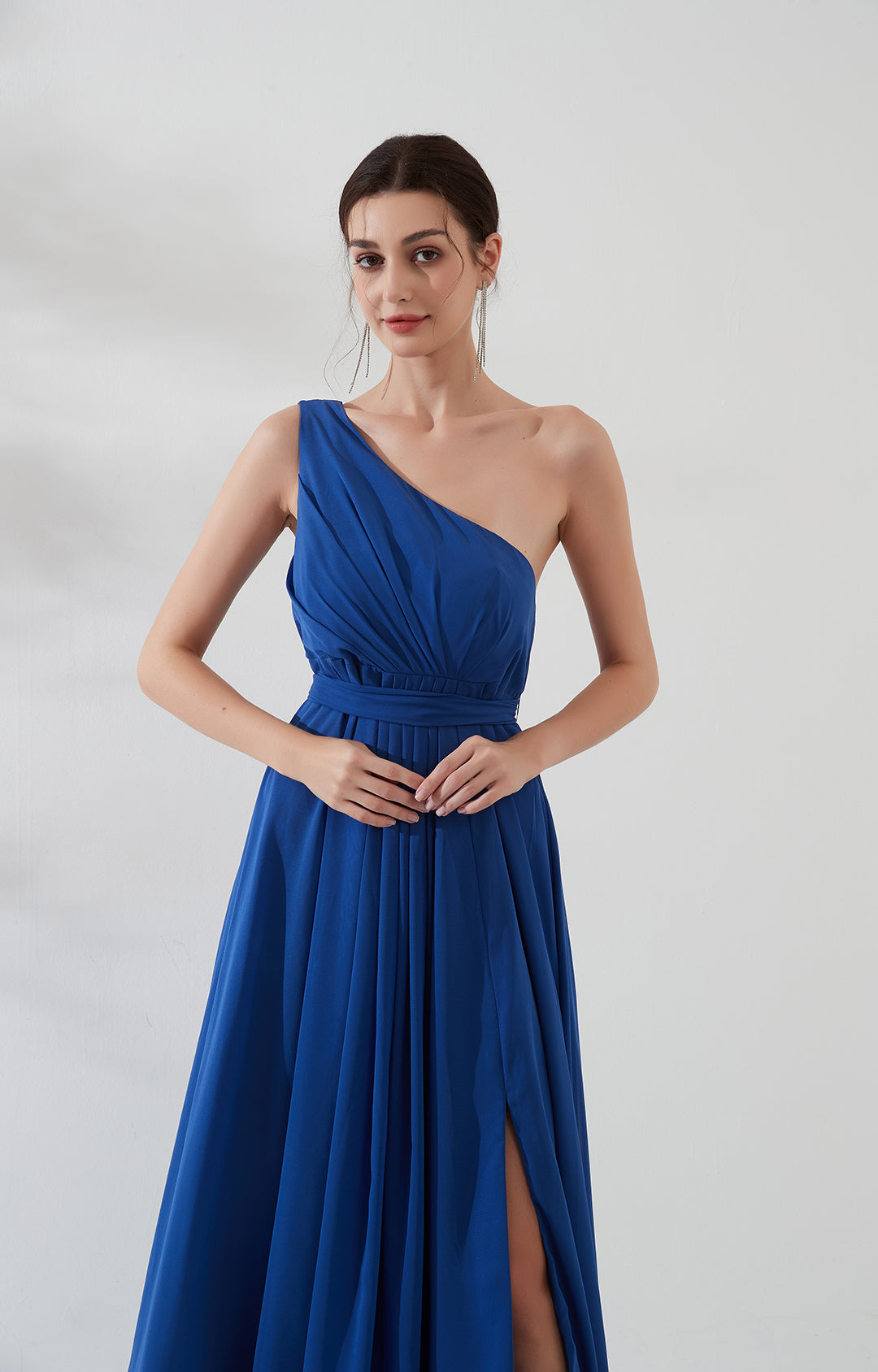 One Shoulder Pleated Side Split Zipper Dress with Tie Waist