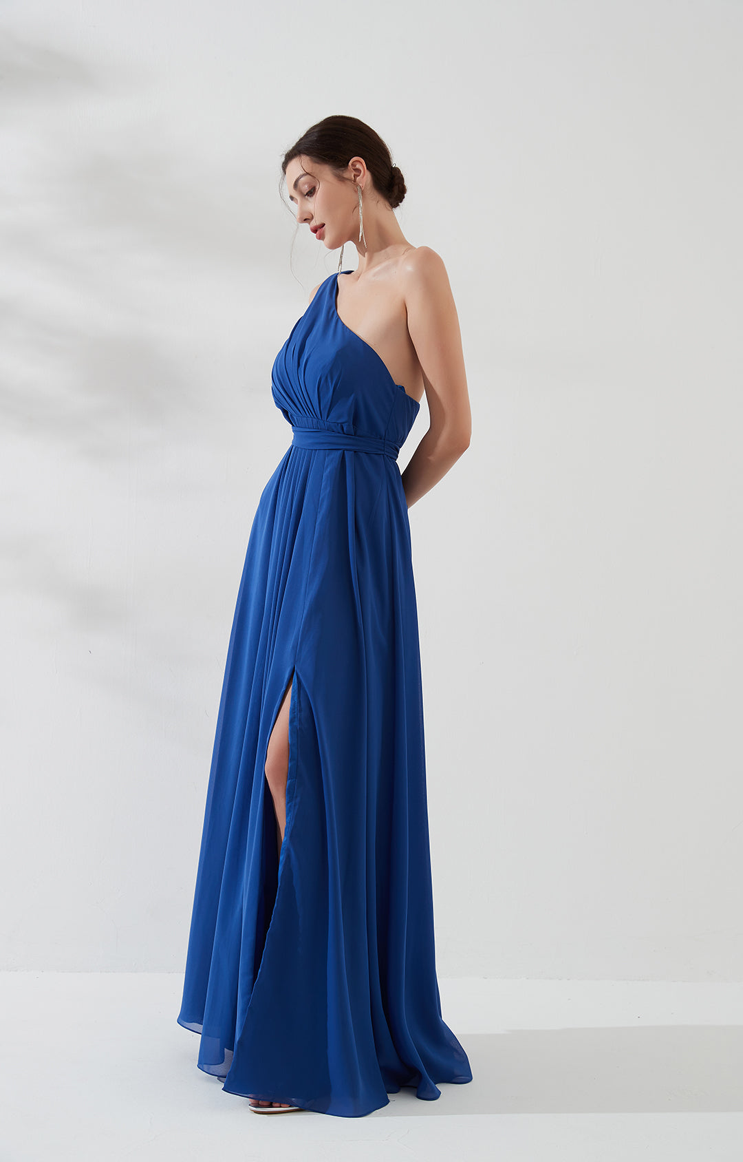 One Shoulder Pleated Side Split Zipper Dress with Tie Waist