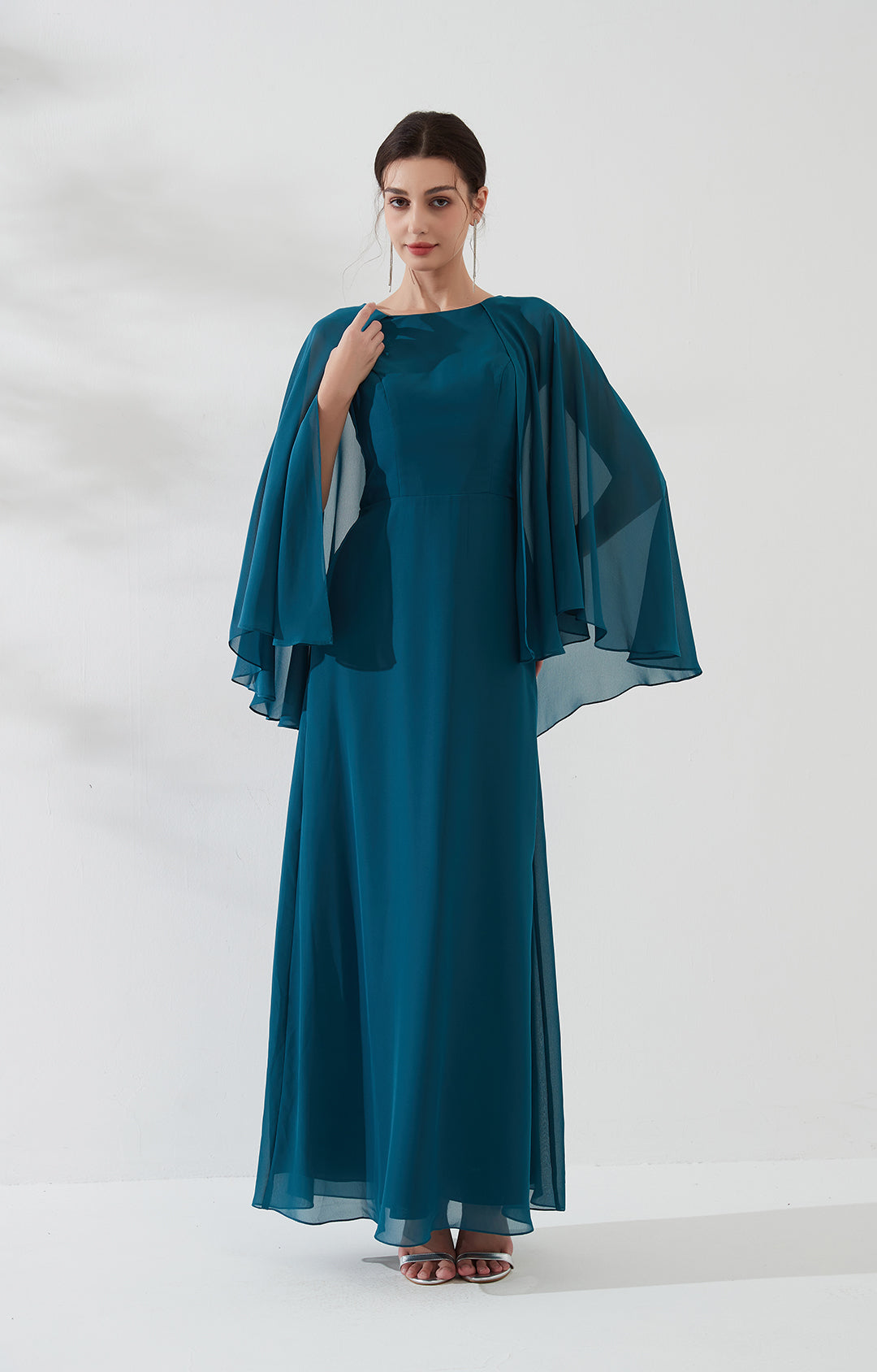 Cape Sleeves Split Back Zipper Chiffon Evening Dress