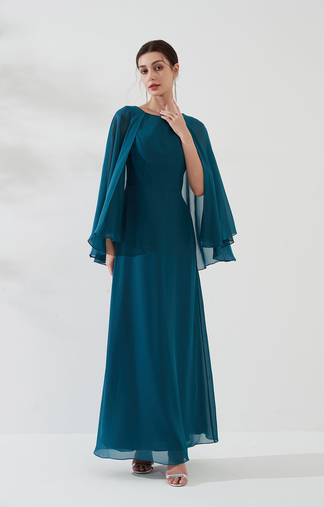 Cape Sleeves Split Back Zipper Chiffon Evening Dress