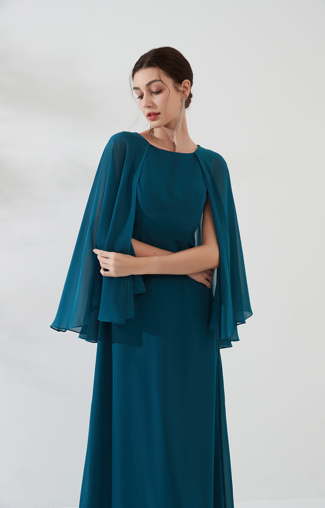 Cape Sleeves Split Back Zipper Chiffon Evening Dress