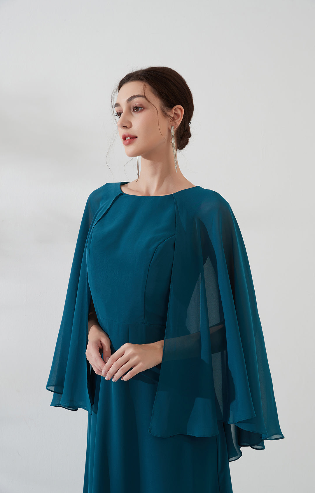 Cape Sleeves Split Back Zipper Chiffon Evening Dress