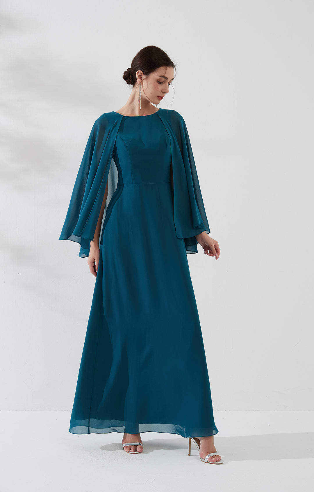 Cape Sleeves Split Back Zipper Chiffon Evening Dress