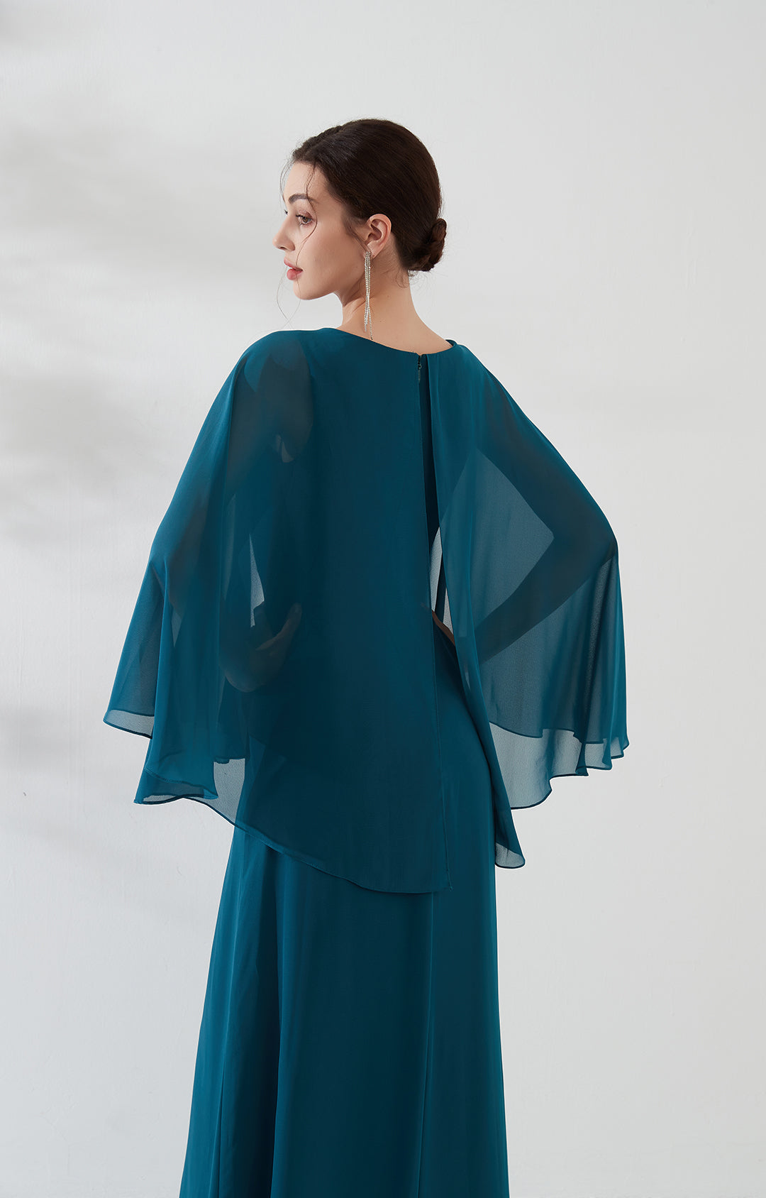 Cape Sleeves Split Back Zipper Chiffon Evening Dress