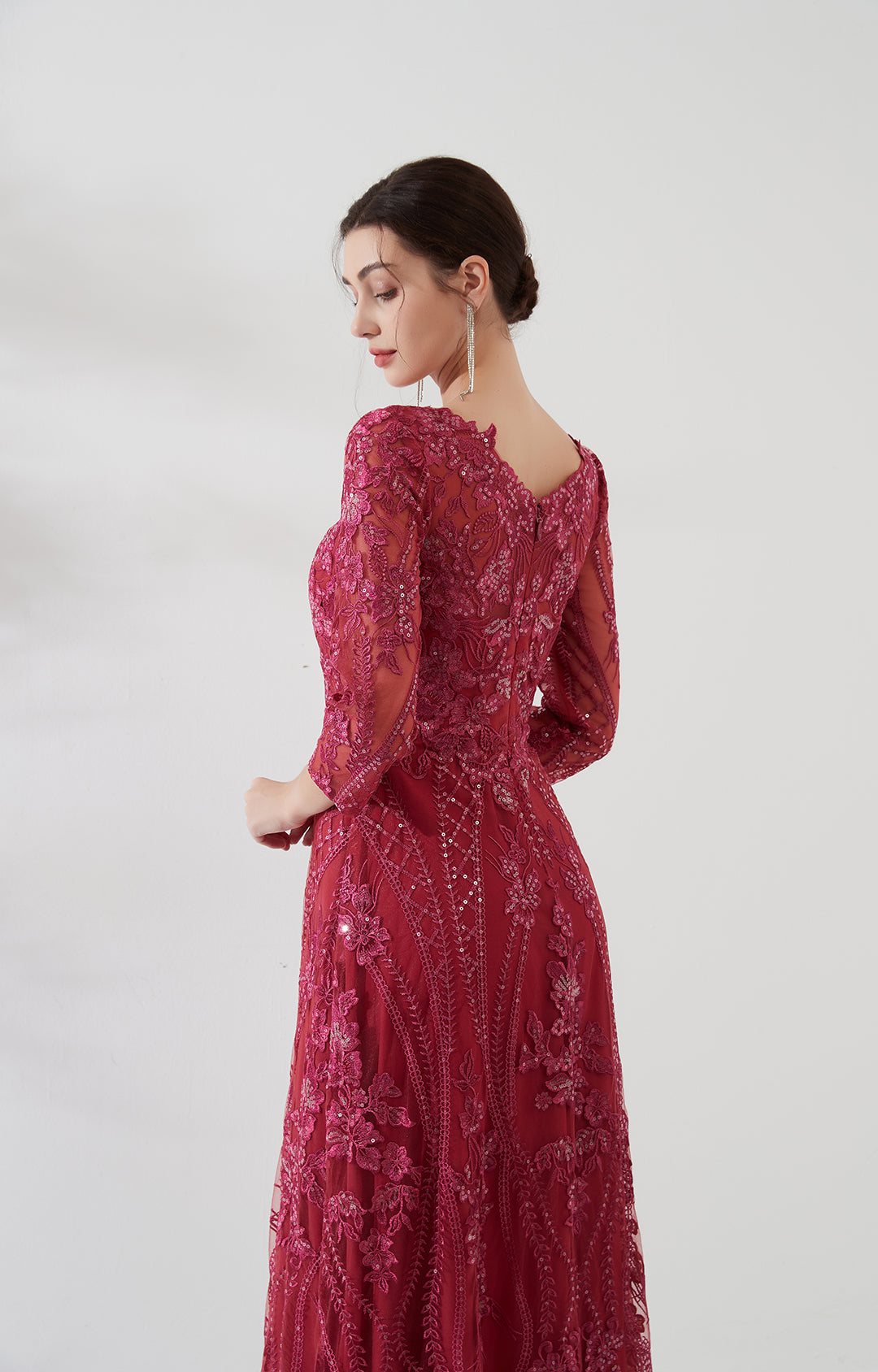 Lace Round Neck Long Sleeve Sequin Embroidered Zipper Dress