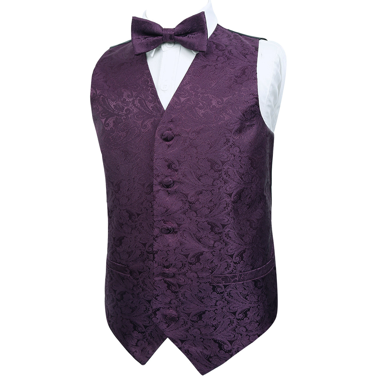 Boy's Classic Paisley Jacquard Pre-Tied Bow Tie and Waistcoat Set, 079-Plum Purple