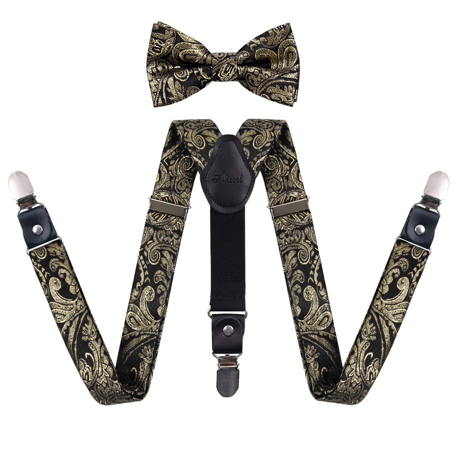 Boy's Adjustable Floral Paisley Pre-tied Bow Tie and Elastic Y Shape 3 Clips Suspenders Set, BD075